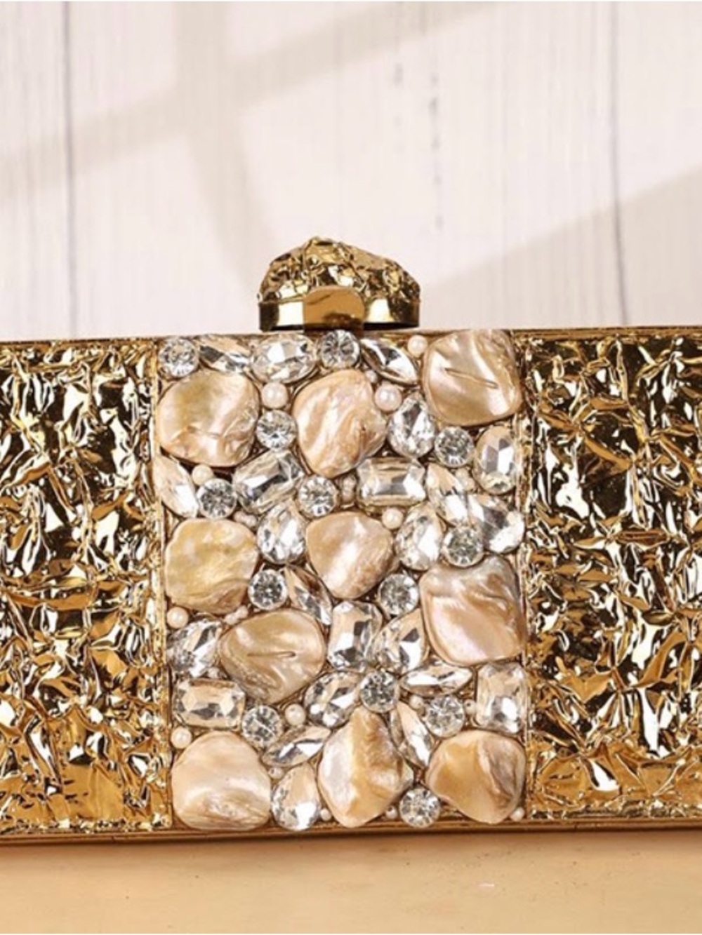 Ramla Arya Clutch, Gold Jeweled Evening Clutch with Pearl-Like Accents
